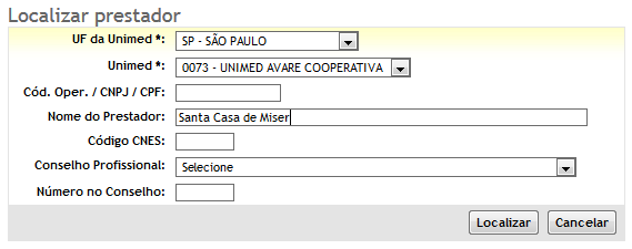 Figura 36 Localizar Prestador Após inserir algum campo de filtro para deixar a busca mais objetiva, o usuário prestador deverá clicar em Localizar, em