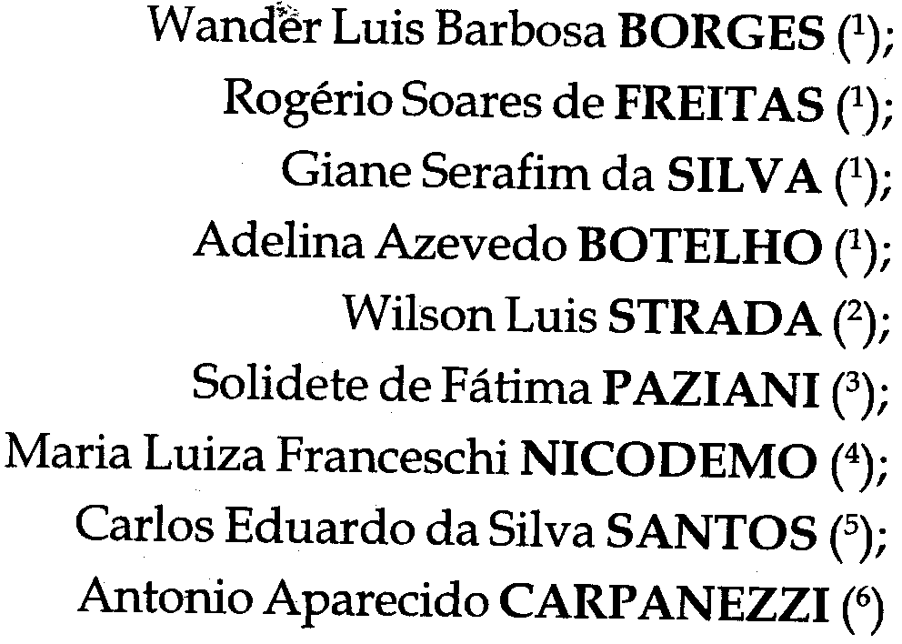 Wand~r Luis Barbosa BORGES (1); Rogerio Soares de FREITAS (1); Giane Serafim da SILVA (1); Adelina Azevedo BOTELHO (1); Wilson Luis STRADA (2); Solidete de Fatima P AZIANI (3); Maria Luiza Franceschi