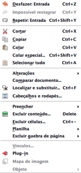 A opção Sair fecha o programa. Observe que essa opção é diferente da opção Fechar: a opção Fechar fecha o arquivo, mas deixa o Calc aberto.