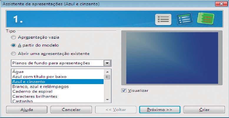 Figura 6.3 Assistente do Impress. Você pode optar por uma apresentação vazia, por uma apresentação preexistente ou a partir de um modelo em que se pode escolher planos de fundo de diversas cores.
