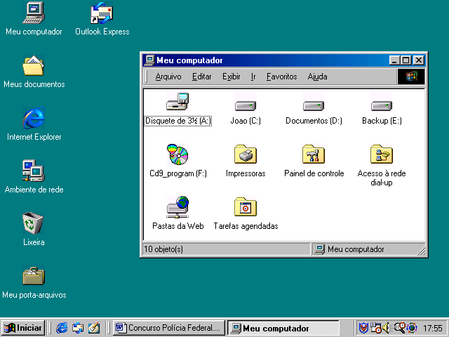 14 INFORMÁTICA PARA CONCURSOS PÚBLICOS d) microcomputador Pentium III, memória RAM de 64 megabytes, monitor de 17, HD de 20 gigabytes, placa de vídeo de 4 megabytes, fax modem de 56 kilobits/s, CDROM