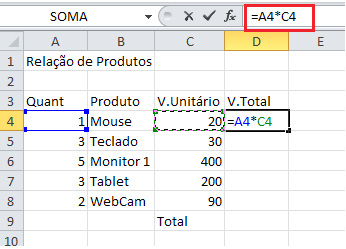 Para o cálculo do teclado é necessário então fazer o cálculo da segunda linha A5*C5 e assim sucessivamente.