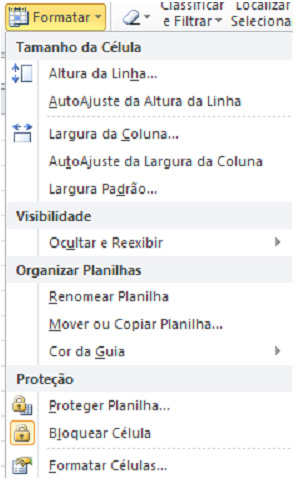 Através da opção Formatar podemos também definir a largura das linhas e colunas.