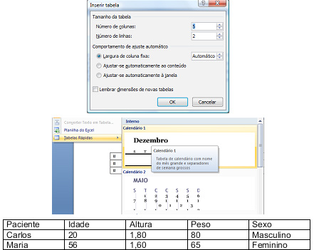 Ao clicar no botão de Tabela, você pode definir a quantidade de linhas e colunas, pode clicar no item Inserir Tabela ou Desenhar a Tabela, Inserir uma planilha do Excel ou usar uma Tabela Rápida que