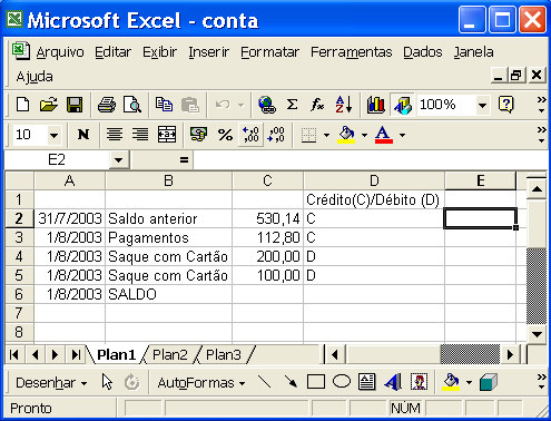 de ações: clicar a célula A2; pressionar a tecla shift e, mantendo-a pressionada, clicar a célula C2; liberar a tecla shift; pressionar a tecla ctrl e, mantendo-a pressionada, teclar N; liberar a