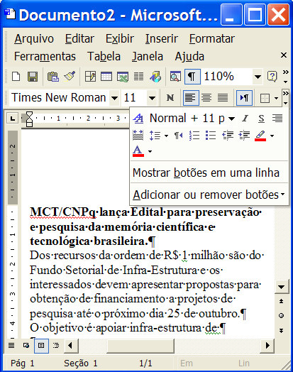 A figura acima mostra uma janela do aplicativo Word 2002, com parte de um texto em edição extraído do sítio http://www.cnpq.br.
