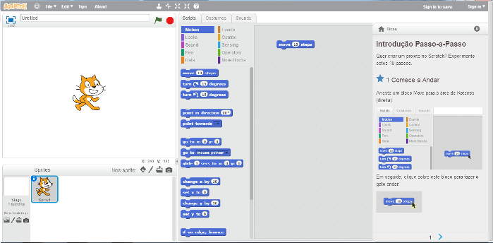 24 Figura 2: Interface Gráfica do Aplicativo Web Scratch fonte: MIT (2013a) A ferramenta é gratuita e proporciona aos usuários o compartilhamento e acesso de diversos projetos, possibilitando assim