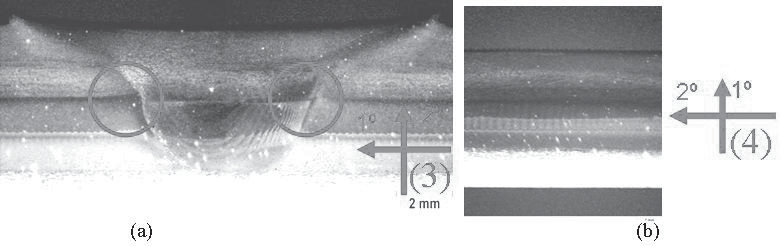 Os círculos indicados na Figura 12 (a) mostram que não acorreu o principal problema encontrado em soldas com juntas sobrepostas, que é o defeito de raiz, resultante de uma geometria pontiaguda na