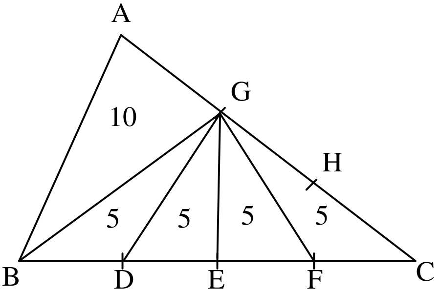 page 28 28 CAP. 2: ÁREAS Observe agora o triângulo BGC com as cevianas GD, GE e GF. Pela mesma propriedade, os triângulos GBD, GDE, GEF e GF C têm mesma área. Logo, cada um deles tem área 5.