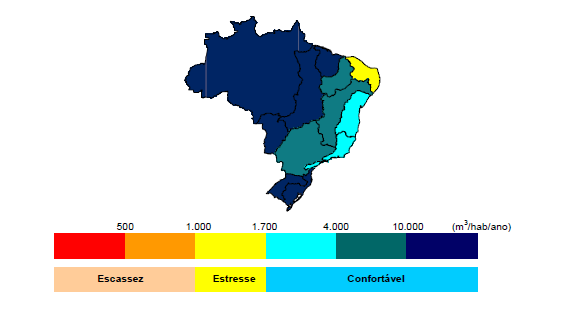 11 elevada, como o observado no rio Tietê no Estado de São Paulo, chegando a atingir valores per capita menores que 500 m 3 /ano, situação de escassez conforme mostrado na Figura 1.