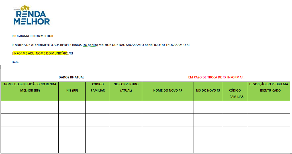 Observe a seguir o modelo de planilha a ser utilizada: Este formulário está disponível em nosso site: www.prm.rj.gov.br.