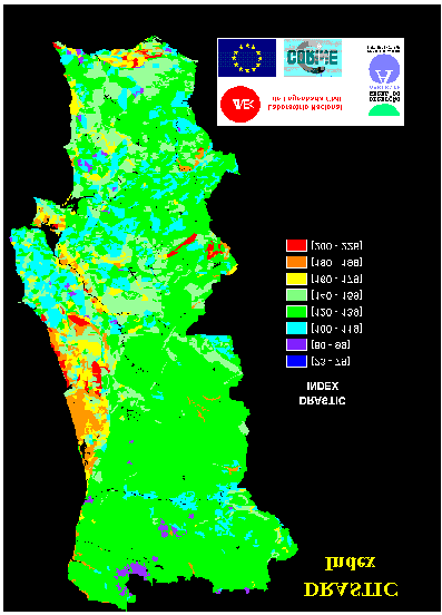 Figura 4 - Mapeamento da vulnerabilidade à poluição desenvolvido para Portugal Continental pelo método DRASTIC por LOBO-FERREIRA E OLIVEIRA (1993), à