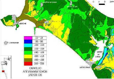 Figura 5 - Mapeamento da vulnerabilidade à poluição da zona costeira de Portugal Continental desenvolvido pelo método DRASTIC por LOBO-FERREIRA et al.