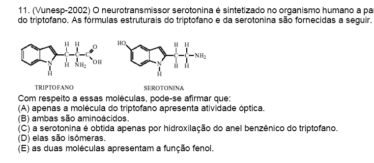 68 A serotonina, substância que auxilia na transmissão de informação no sistema nervoso central, é sintetizada no organismo humano a partir do triptófano.