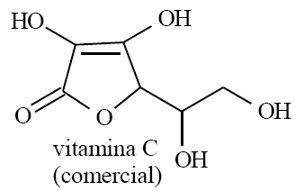 75 (UFPE-PE) A Vitamina C, também conhecida como ácido L ascórbico, é comercializada a partir do composto mostrado abaixo. Sobre a vitamina C comercial, é incorreto afirmar o que segue.