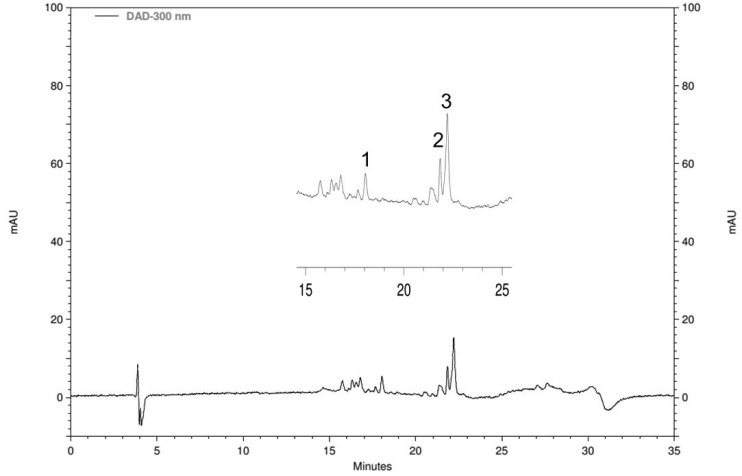 Figura 14: Cromatograma por CLAE-DAD de EHexOPer (λ=300 nm) e espectros no UV Pico 1 (t R : 18,05 min) Pico 2 (t R : 21,86 min) Pico 3 (t R : 22,23 min) O pico 1 do cromatograma por CLAE-DAD do