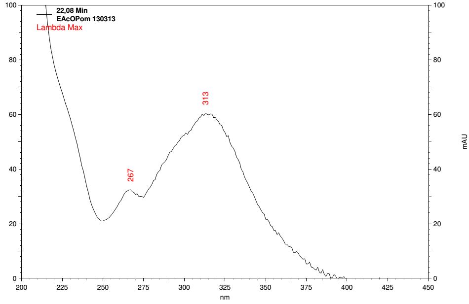 Os picos 4 e 5 do mesmo cromatograma possuem espectros no UV provavelmente pertencentes à classe das flavonas ou flavonóis contendo uma hidroxila a menos em C-3.