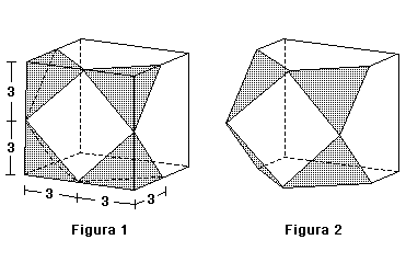 7. (Ufrgs 007) A partir de quatro dos vértices de um cubo de aresta 6, construído com madeira maciça, foram recortadas pirâmides triângulares congruentes, cada