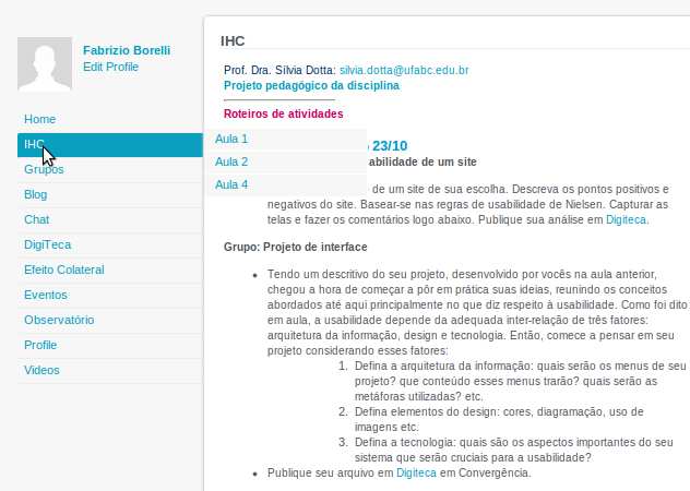 Figura 4: Relevância do conteúdo - As aulas anteriores se encontram no menu IHC enquanto a aula principal sempre está no centro da