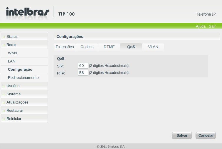 Regenerar Tom DTMF Habilita a regeneração dos tons DTMF enviados via RF2833 e SIP INFO para o fone do TIP 100.