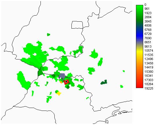 Figura 5. Número de bovinos abatidos na planta 3 de julho a dezembro de 2010 em função dos municípios de origem. A localização geográfica do frigorífico é representada pelo ponto preto no mapa.