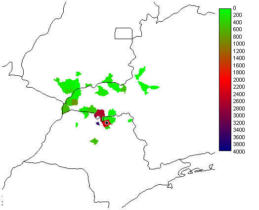 preto no mapa a esquerda) e das rotas percorridas (linhas azuis no mapa a direita)