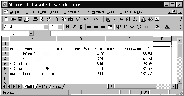 Texto X questões 29 e 30 A planilha do Excel 2000 abaixo mostra as taxas de juros que são praticadas em algumas modalidades de financiamento de um banco.