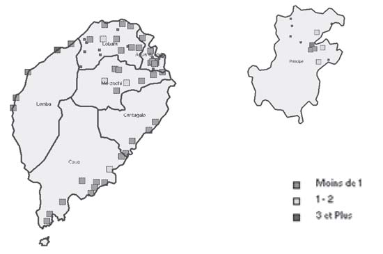 Mapa 3: Número de enfermeiras parteiras por unidade sanitária periférica, Agosto de 2007 Menos de 1 1-2 3 e mais Fonte: MINSAU, Cartografia sanitária, 2007.