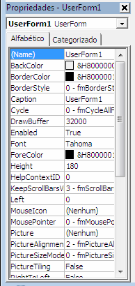 Bertolo Lição #05 Criando Userforms 236 Para mudar o nome ou outra propriedade de um userform, selecione o form e pressione F4, ou selecione Exibir, Propriedades.