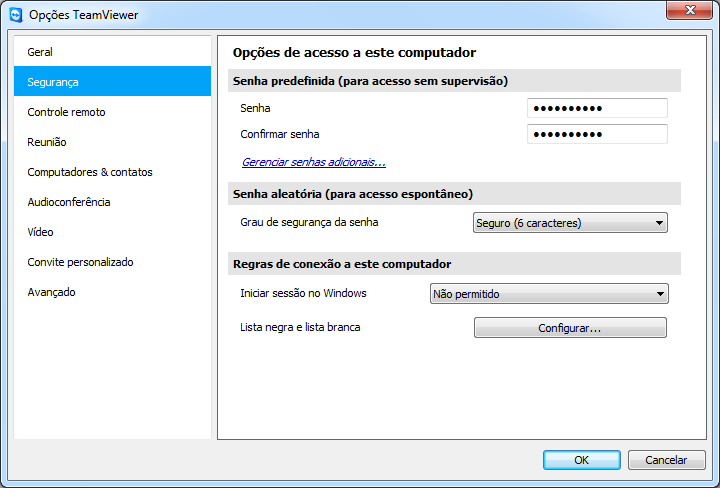 Opções 13.2 Categoria Segurança Na categoria Segurança, você pode configurar todas as configurações relacionadas à segurança. Configurações de segurança.