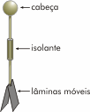 8. (UEL-PR) Na figura a seguir, está representado um eletroscópio de lâminas eletrizado. Um eletroscópio, nessas condições, fica com suas lâminas móveis separadas devido à repulsão eletrostática.