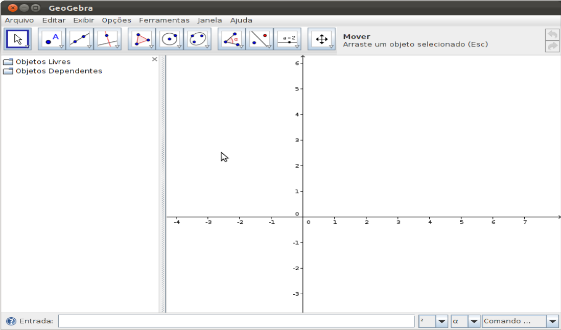 Figura 1.1: Interface do Geogebra 2D Observamos que a janela inicial está dividida em duas: á esquerda a parte algébrica e á direita a parte geométrica.