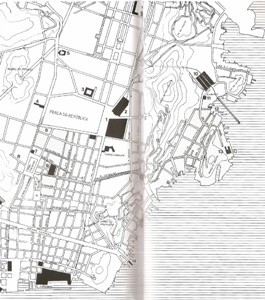 155 Figura 6: A área que margeia o porto (à direita da linha escura do mapa) correspondente à Saúde e ao Valongo. Apud CARVALHO, José Murilo de. Op.cit. (adaptado).