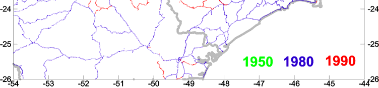 (verde), 1980 (azul) e 1990 (vermelho).