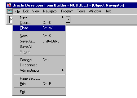 10 Fechando um Modulo Para fechar um módulo aberto, utiliza-se o comando File/Close do menu Oracle Forms Designer, ou pressiona-se <Ctrl> + W.