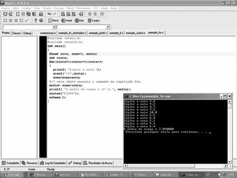 Figura 7.1: Código e resultado da execução do programa exemplo com for Atividade 7.1 - Faça um programa que leia cinco valores reais e imprima o quadrado de cada um deles.