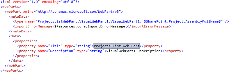 Tarefa 2 Criar uma Web Part de listagem de projetos 1. No Gerenciador de Soluções, clique duas vezes em VisualWebPart1.webpart. 2. Mude a propriedade Título no arquivo VisualWebPart1.