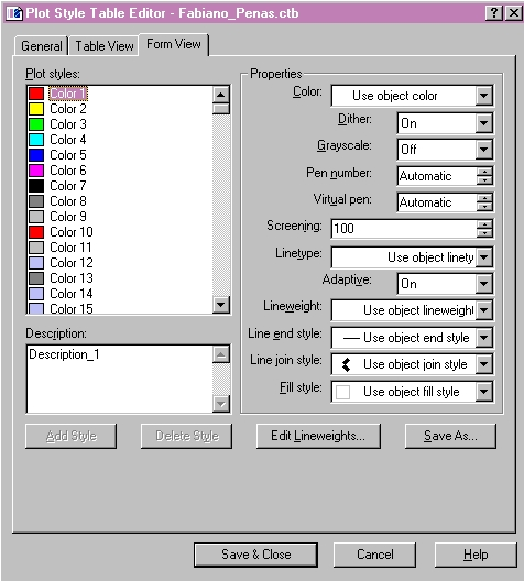 em avançar. Escreva o nome da tabela de penas e clique em avançar. Em finish, clique no botão Plot Style Table Editor. Aparecerá a caixa de diálogo para a edição da tabela de estilos de plotagem.