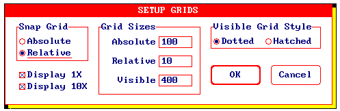 A figura 12 mostra o aspecto do box de diálogo quando é acionado o subcomando Grids. Observe o tamanho dos Grids: absoluto = 100, relativo = 10 e visível = 400.