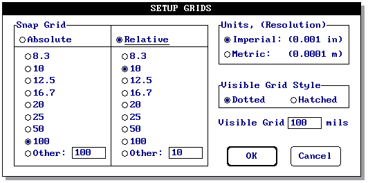 Absolute grid: Sua origem (0,0) é no canto inferior esquerdo da tela, sendo utilizado para ligar os componentes através do Place/Line ou Track. Normalmente são usados os grids 20, 50 ou 100mils.