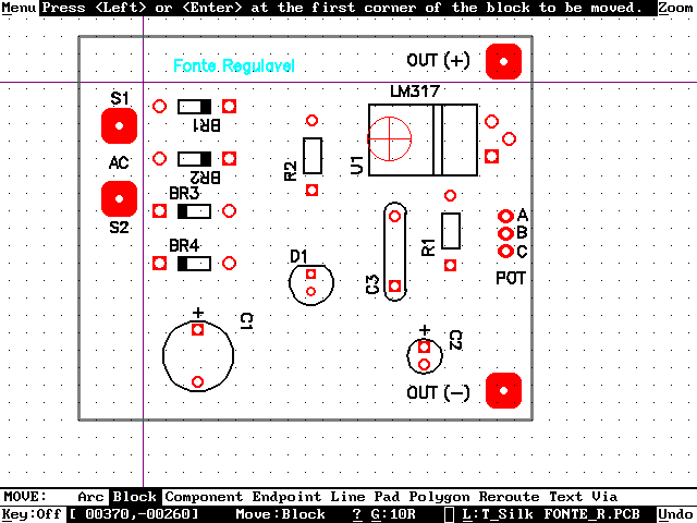 FIG. 40 Observa-se que foram posicionados textos em alguns componentes, como AC, LM317, etc. Lembre-se de que ao posicionar textos ou títulos é importante que se mude o layer.