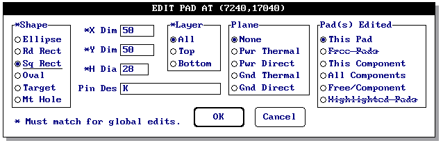 H Dia: permite entrar via teclado com o novo diâmetro do furo da ilha. Layer: permite que a configuração seja definida para todos os layers (All) ou selecionar os layers (Top ou Bottom).