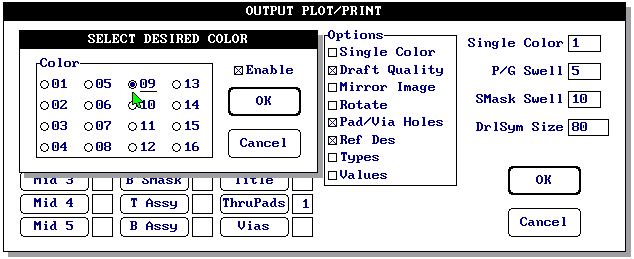 Para a impressão a cores é necessário desabilitar a opção Single Color e clicar <ENTER> no layer desejado; abrese então uma janela Select Desired Color (veja a figura 55) com as opções de cores