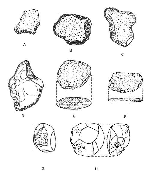 Figura 12: Artefatos com base de Aproveitamento : A-D: Nódulos retocados; E: Seixo com retoques marginais; F: Plaqueta rolada até se formar em seixo, com retoques marginais; G-H: Bolas (Núcleos