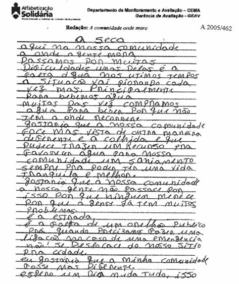 A qui na nossa comunidade a onde a gente mora passamos por muitas dificuldades umas delas é a falta dgua nos utimos tempos a situação vai piorando cada vez mas.