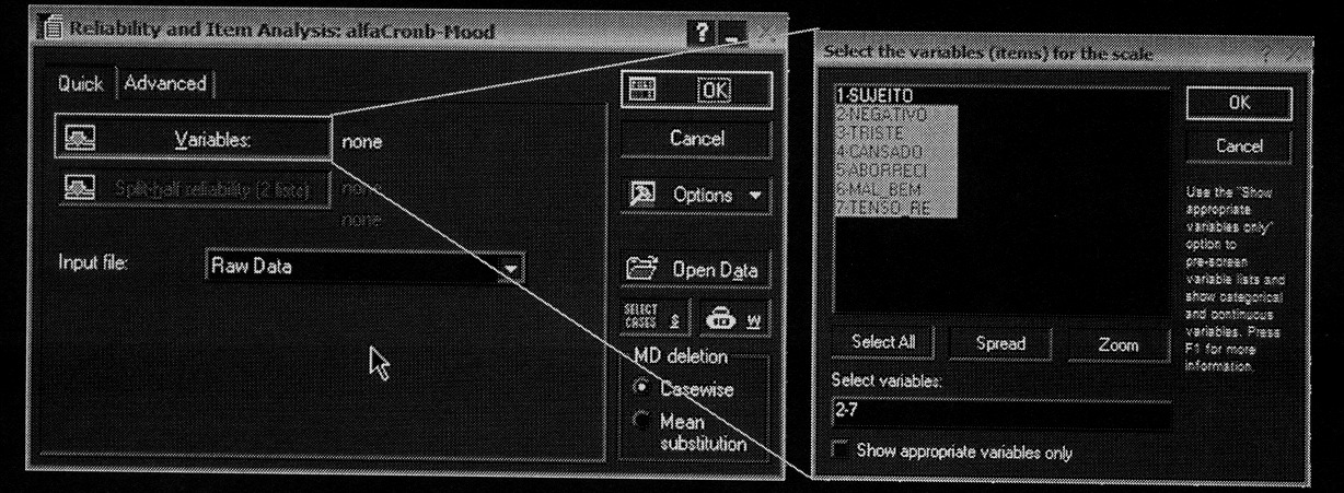O alfa de Cronbach 85 Depois clique no botão 2 a 7: para definir as variáveis (itens) a analisar.