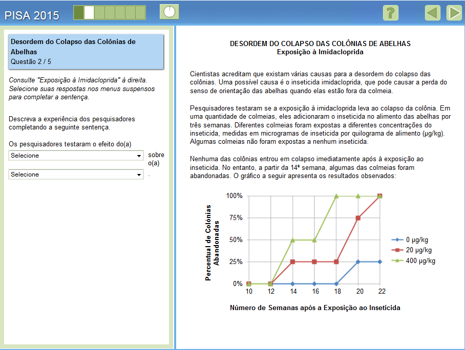 Unidade CS600 Item liberado 2 É solicitado ao estudante que selecione a resposta, a partir de três opções em cada menu, a qual demonstre que ele entende a questão explorada no experimento feito pelos