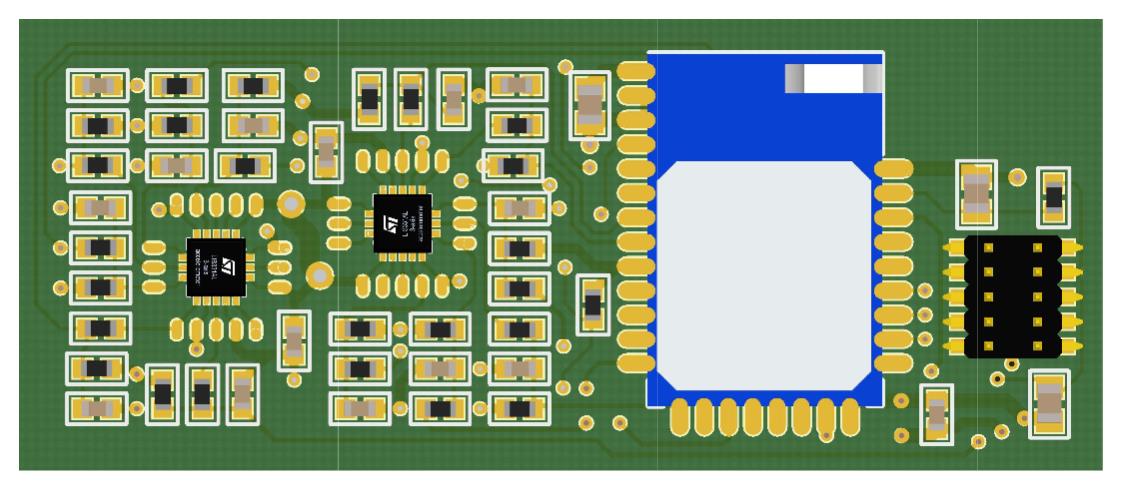 21 Debug (SWD) Antena (chip, cerâmica) Bateria (CR2032) 3,0 V Fonte 2,5 V Módulo Bluetooth (Conversor Buck) (CC2540) Acelerômetro 1 SPI (LIS3DH) Componente 2 (não montado) Figura 9