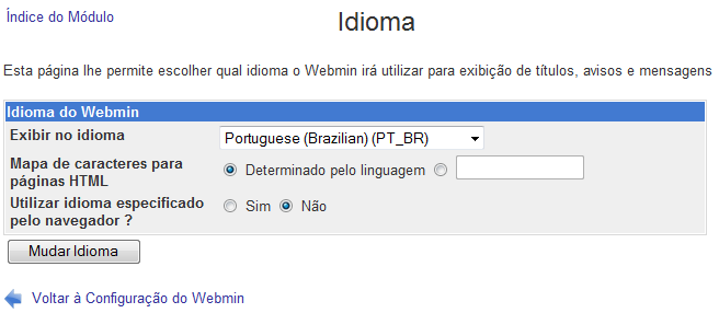 Acessar em Webmin / Configuração do Webmin / Idioma. Defina Portuguese (Brazilian) (PT_BR).