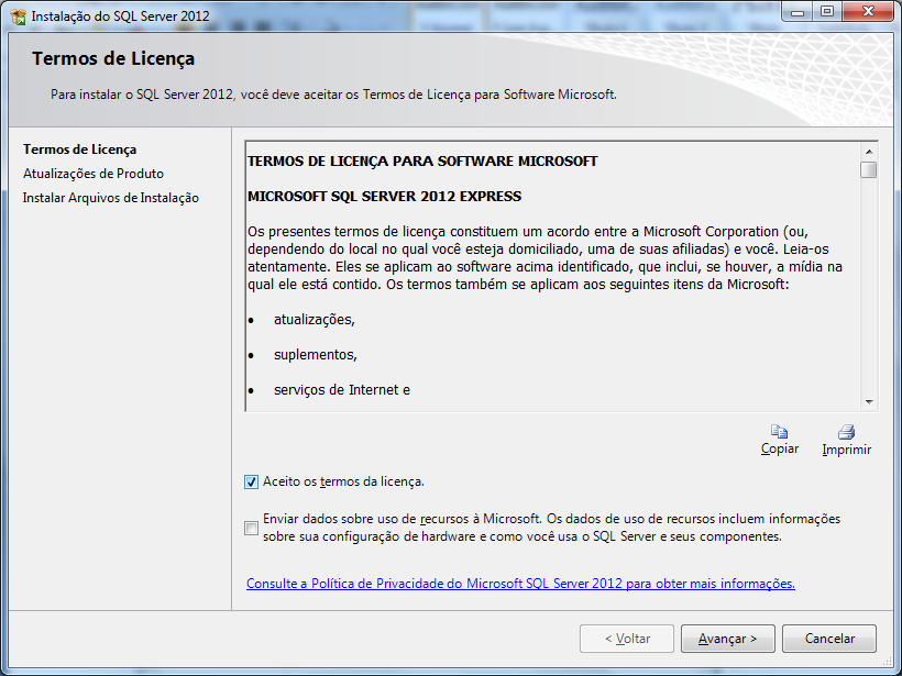 Aceite os termos de licença e click em Avançar.